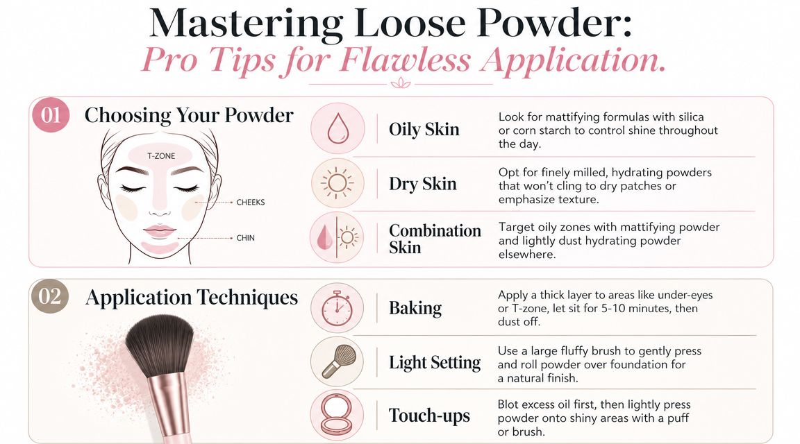 An infographic titled Mastering Loose Powder displaying tips for choosing and applying makeup powder for various skin types.