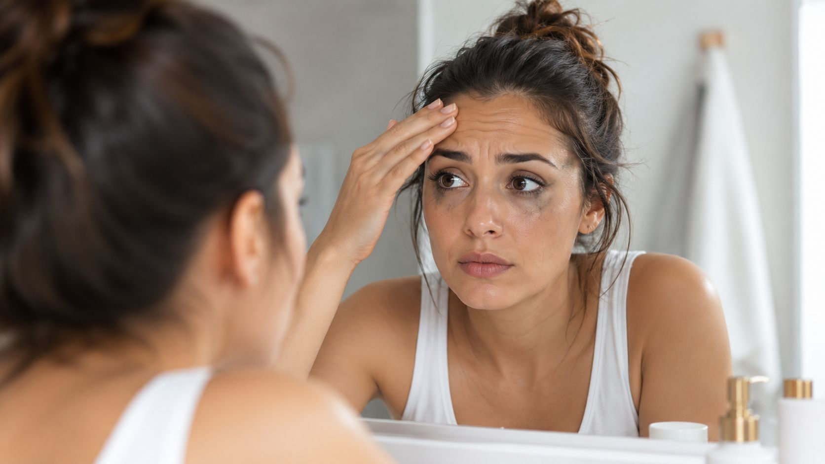 A woman looks concerned at her reflection in the mirror with smudged makeup under her eyes