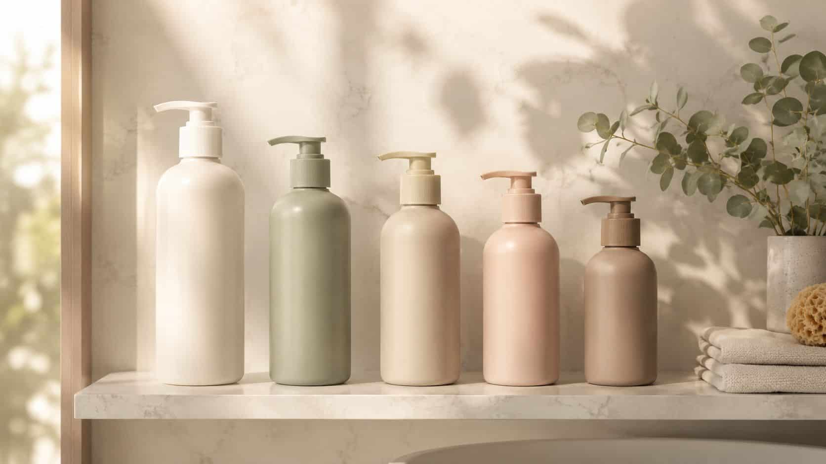 A row of five minimalist pump bottles with muted colors sitting on a marble bathroom shelf.