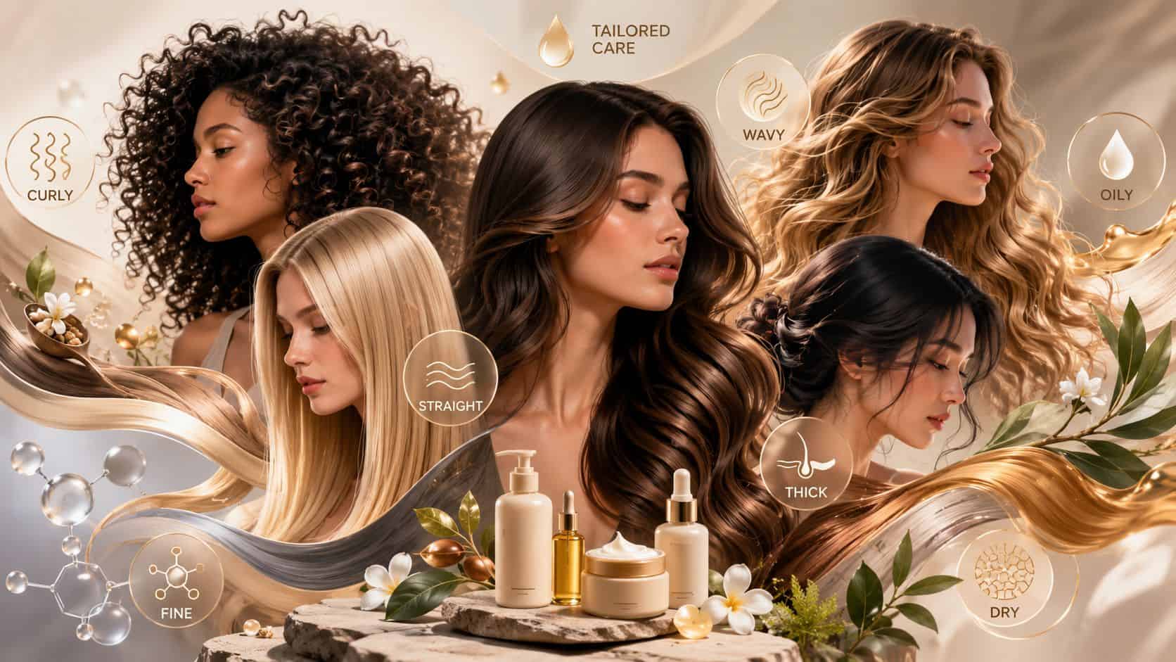 A diverse collage of women with various hair types showcasing hair care products for tailored treatments.