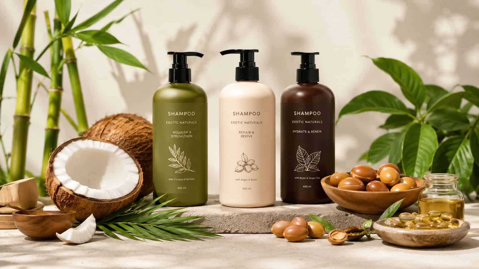 Three bottles of Exotic Naturals shampoo featuring coconut, argan, and botanical ingredients arranged with natural elements.