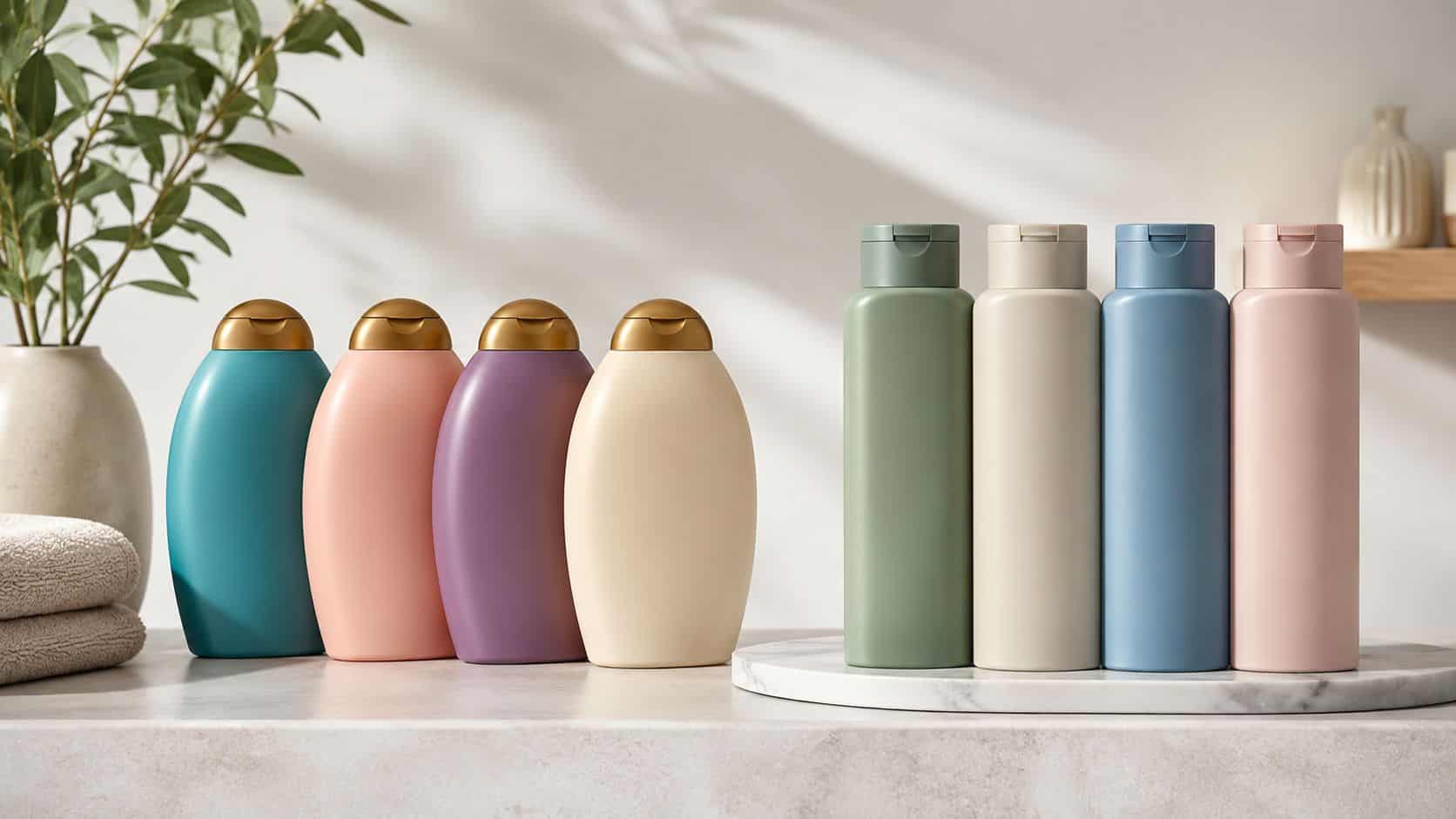 A collection of colorful shampoo bottles displayed on a marble surface in a minimalist bathroom setting.