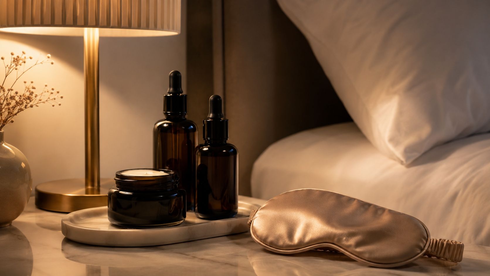 A nighttime skincare routine featuring serum bottles, a cream jar, and a silk sleep mask on a bedside table.