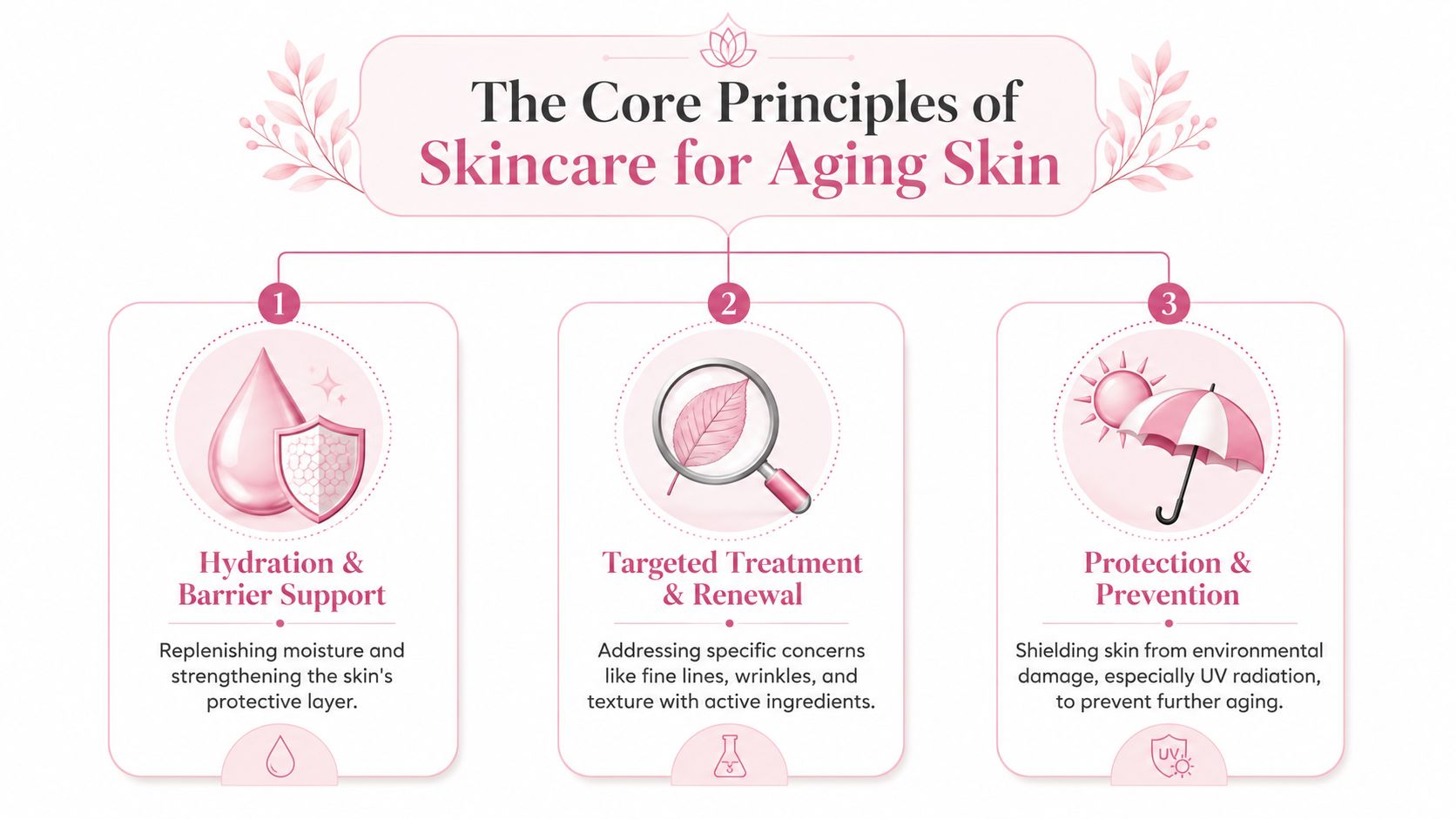 A visual guide outlining three core principles for anti-aging skincare, including hydration, targeted treatment, and UV protection.