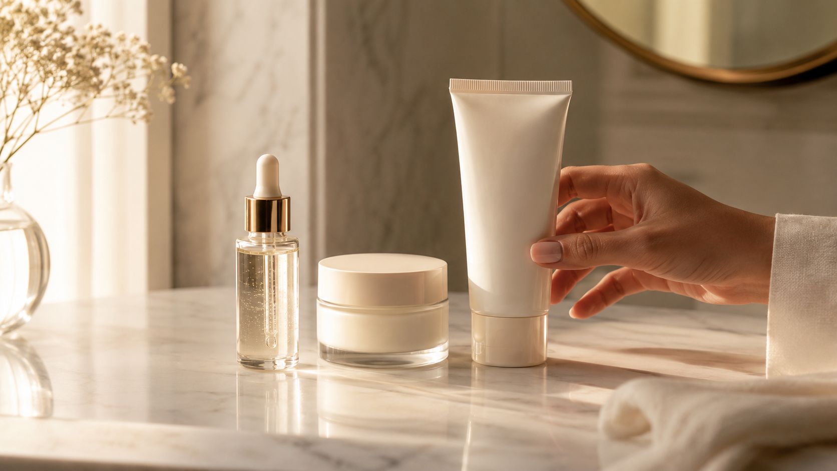 A hand reaches for skincare products on a marble countertop, featuring a dropper bottle, cream jar, and tube.