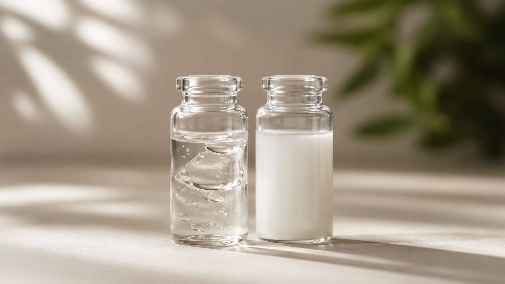 Two glass vials standing on a neutral surface, one filled with a clear liquid and one opaque white.