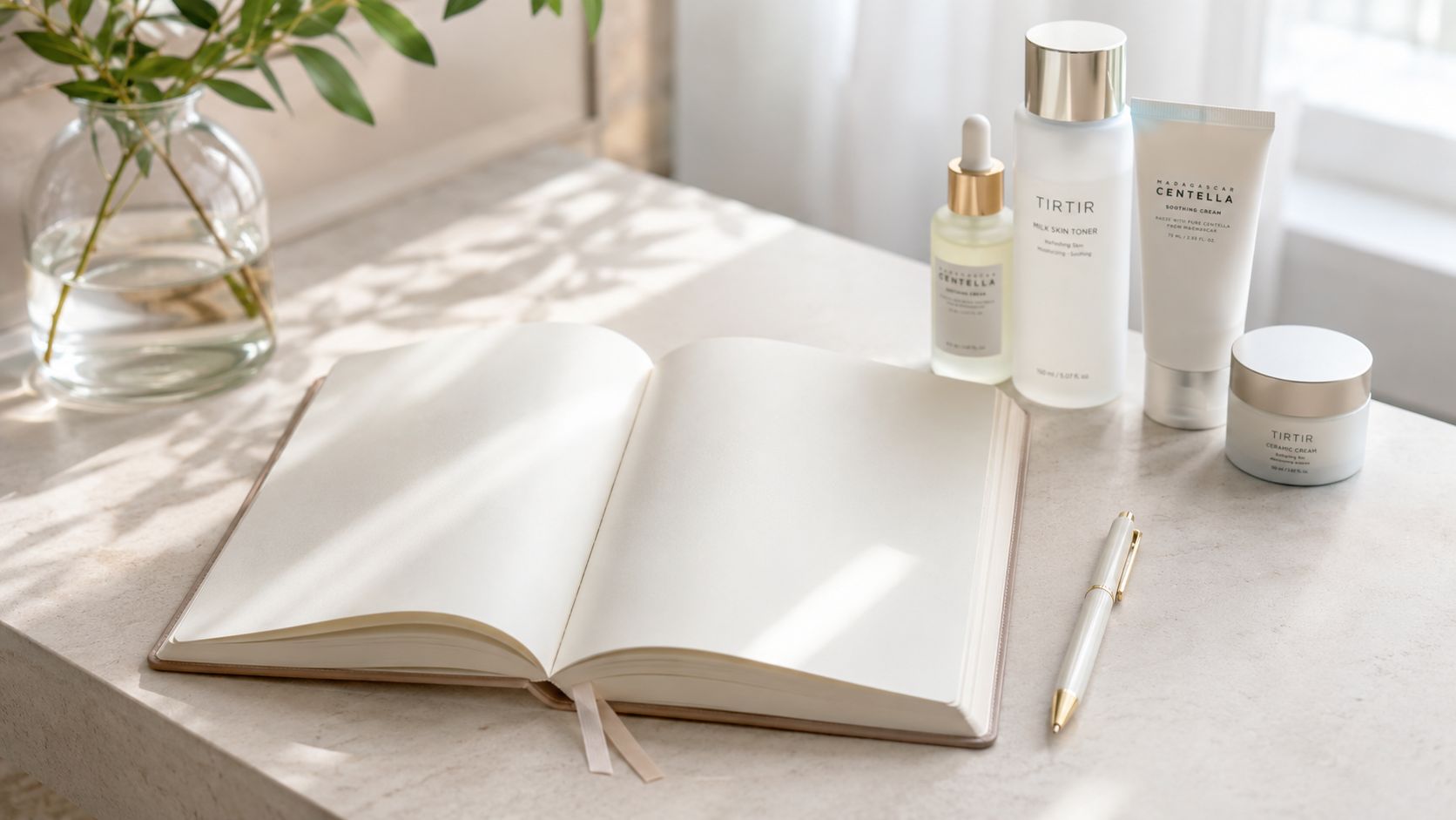 An open notebook, a pen, and a skincare set on a white table near a glass vase.