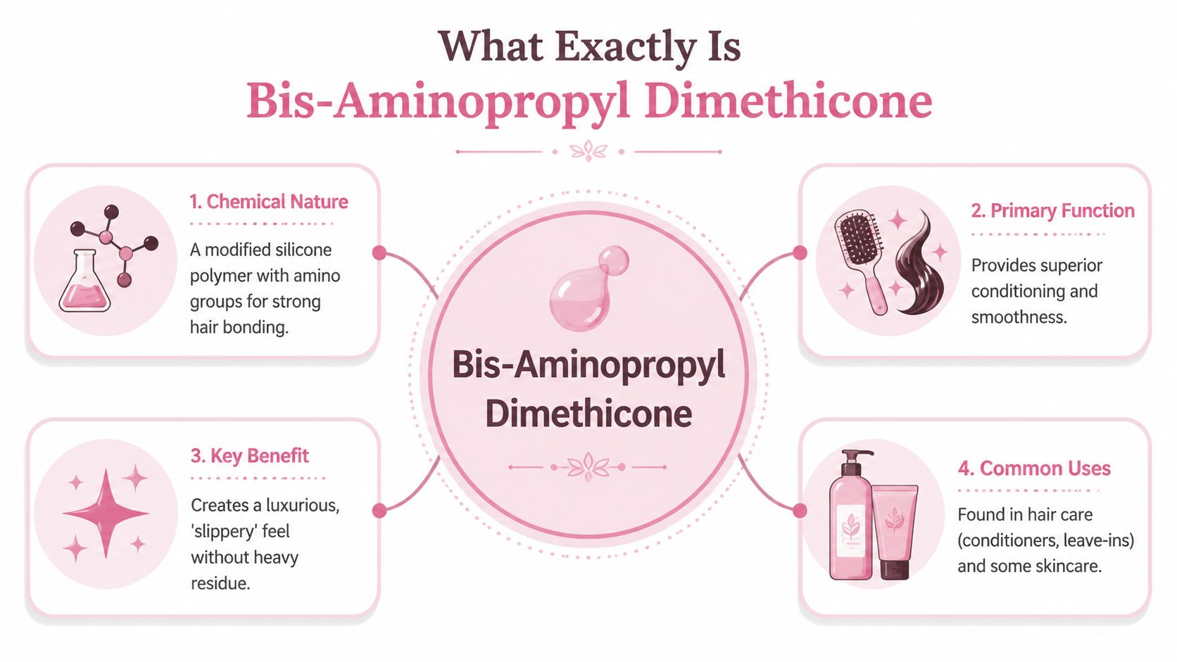 An infographic titled What Exactly Is Bis-Aminopropyl Dimethicone, explaining its nature, function, benefits, and common uses.