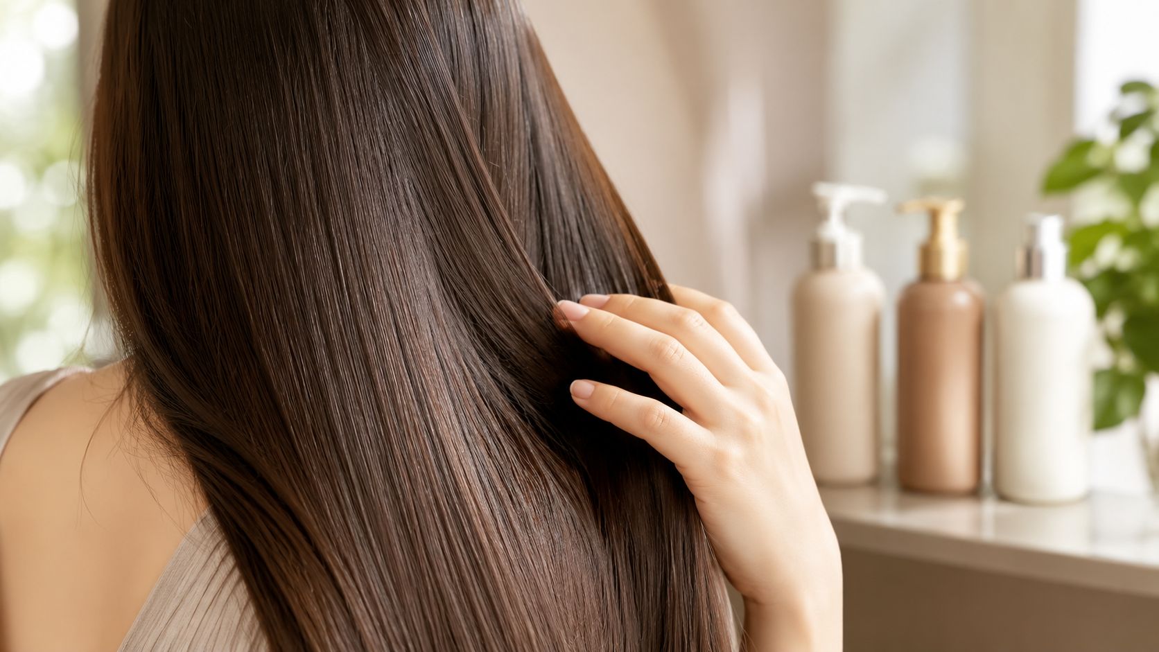 A woman with long, smooth, shiny brown hair touching her locks near bottles of hair care products.