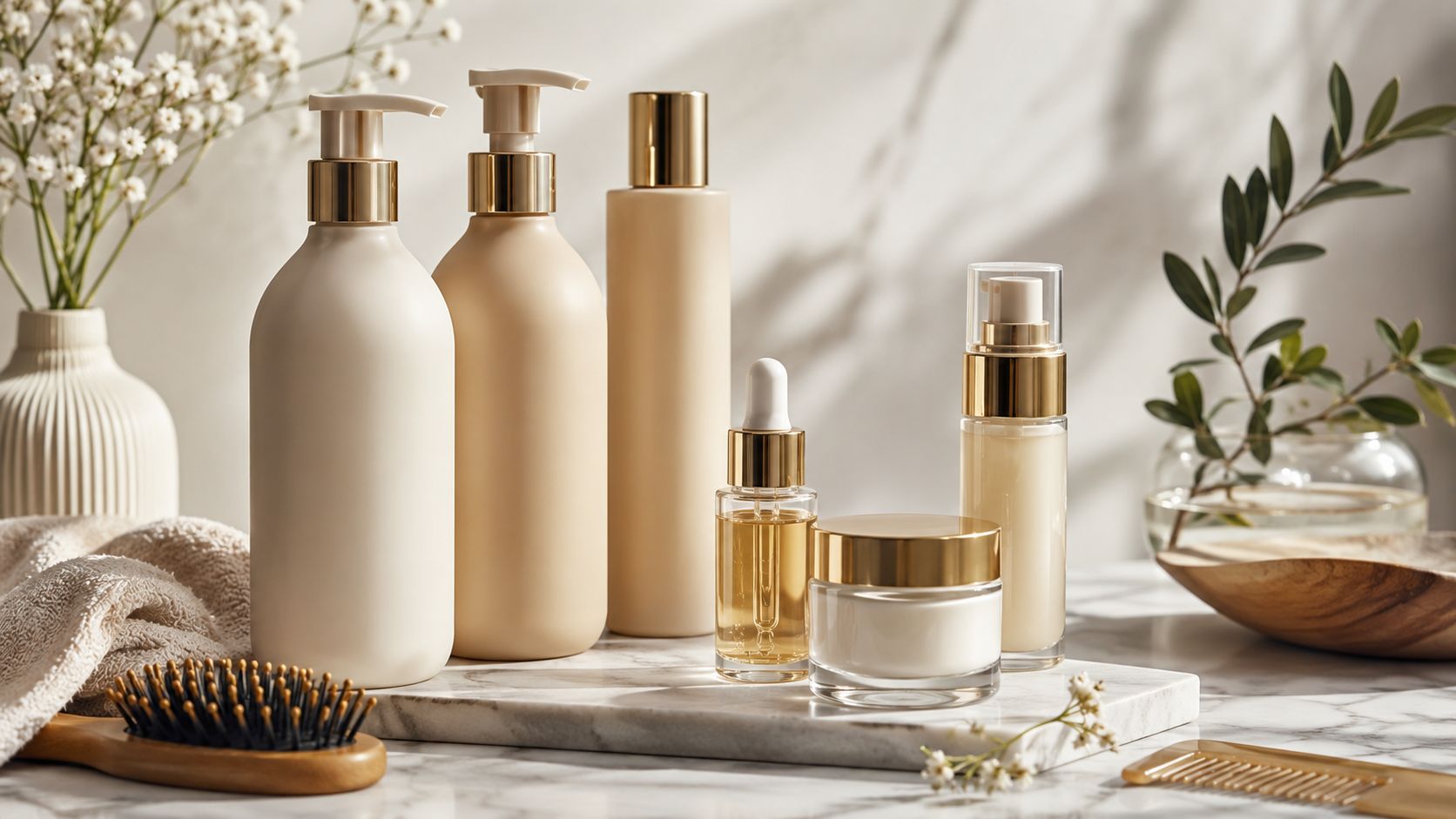 A collection of luxury skincare and haircare bottles with gold caps arranged on a marble surface.
