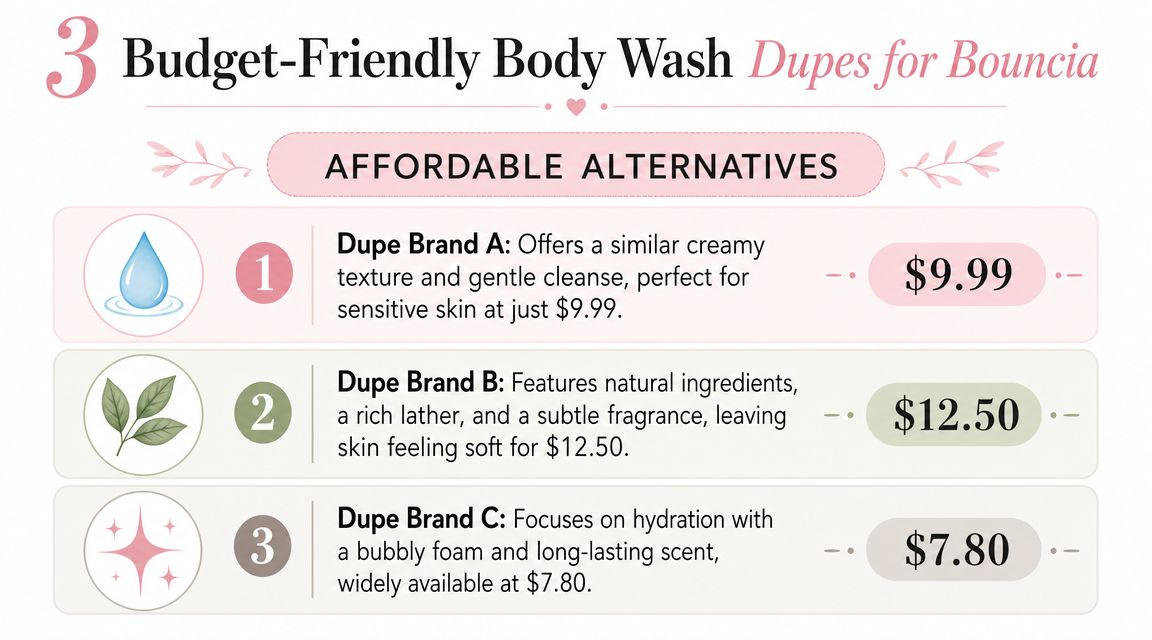 A list of three budget-friendly body wash alternatives to Bouncia with prices and product descriptions.