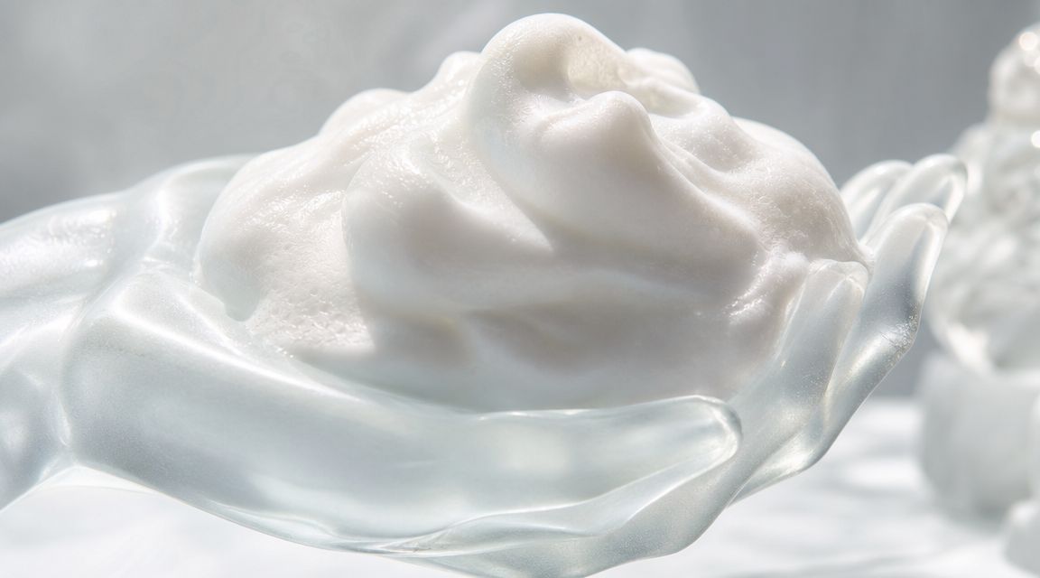 A generous dollop of thick, white, fluffy Bouncia body wash foam resting on a clear sculpted hand.