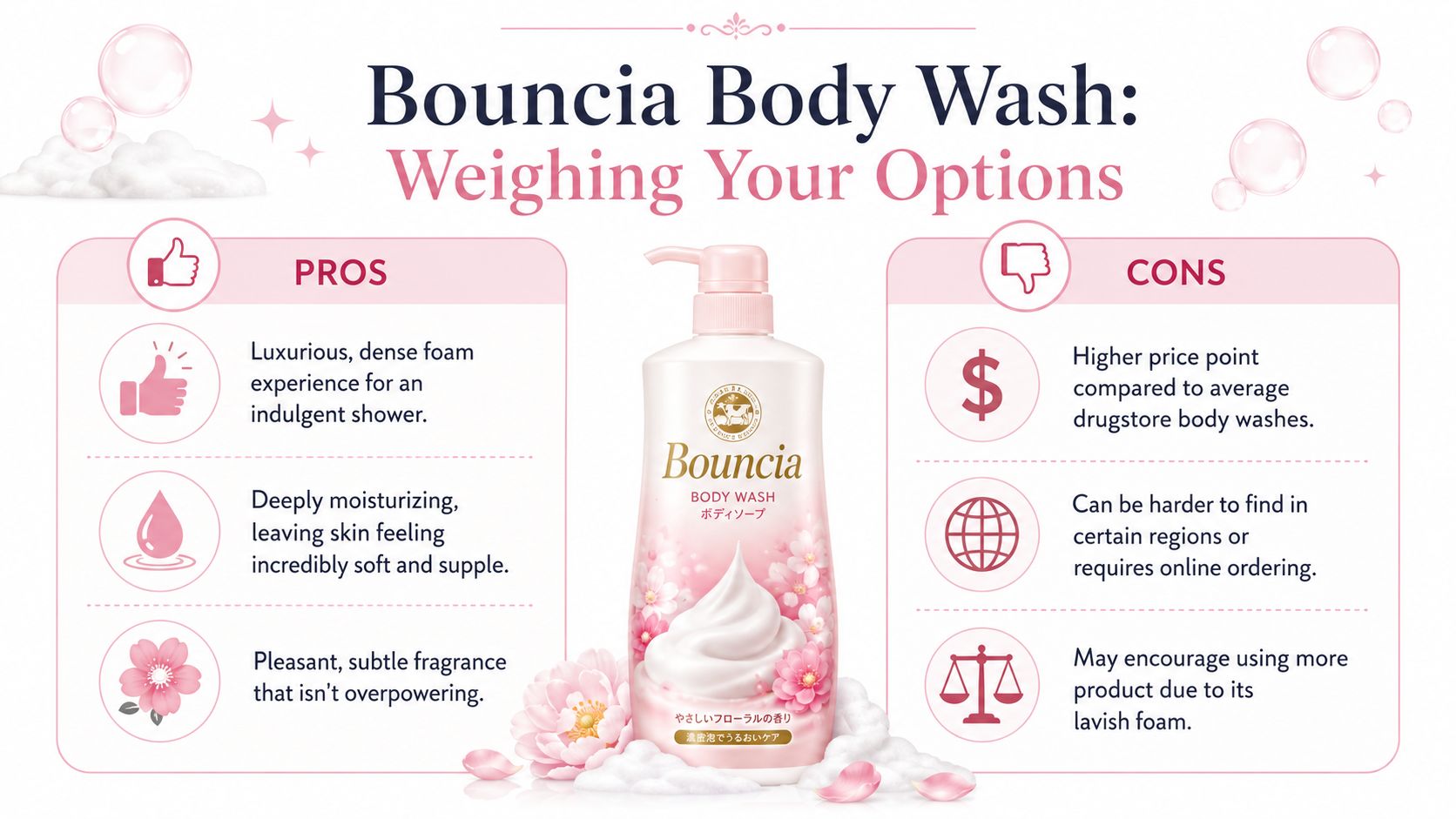 A comparison chart showing the pros and cons of Bouncia body wash, highlighting its luxurious foam and moisturizing benefits.