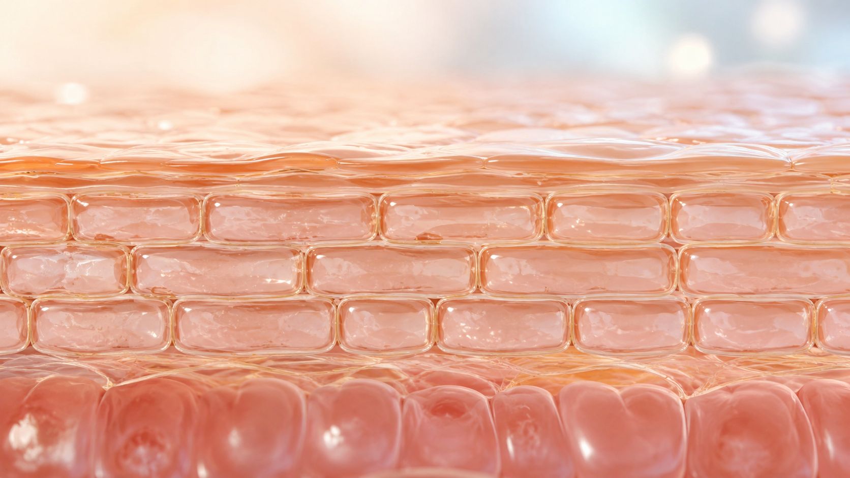 A microscopic 3D view of healthy skin layers with clear cells to represent effective skincare absorption.