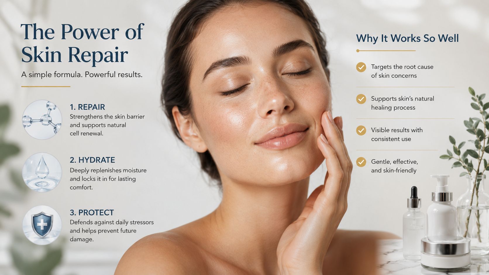A woman with glowing skin promoting a three-step skincare routine for repair, hydration, and protection.