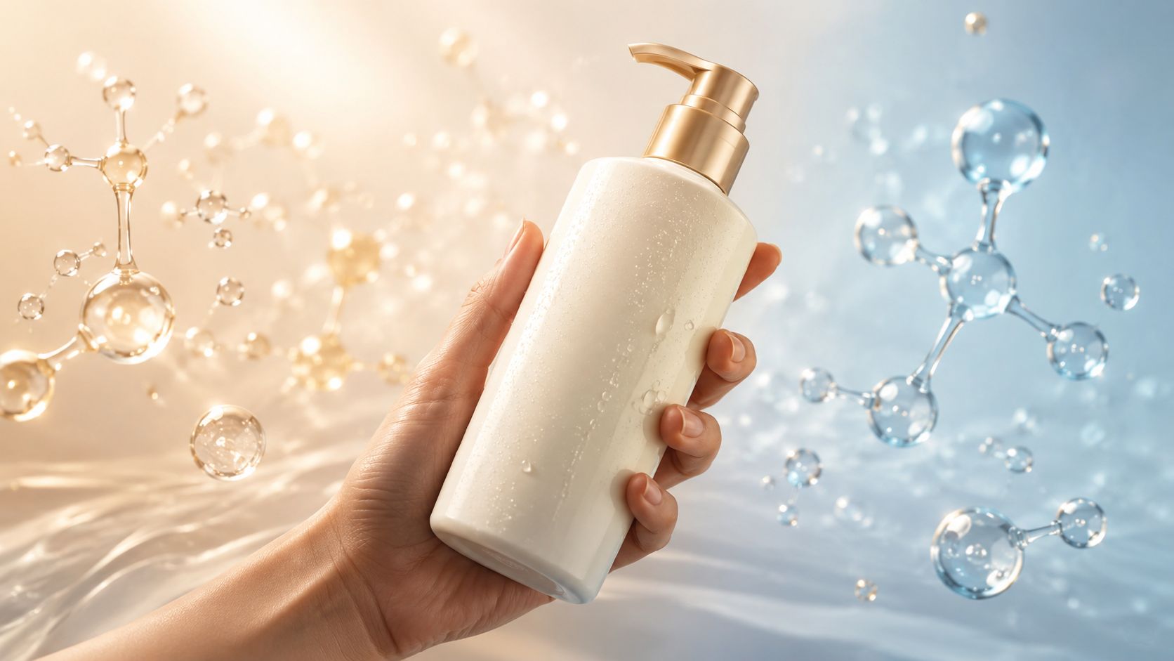 A hand holds a bottle of lotion surrounded by floating molecular structures on a split background.