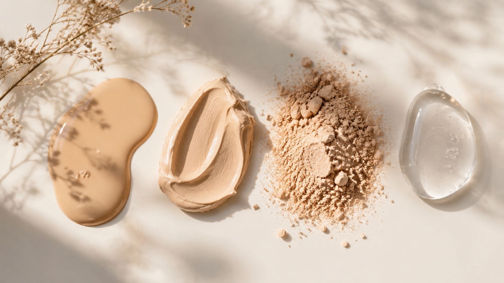 Various cosmetic product textures including liquid foundation, creamy base, loose powder, and clear gel serum.
