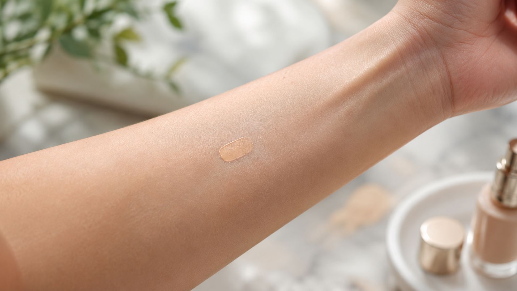 A swatch of liquid foundation is applied to a person's inner forearm for shade testing.