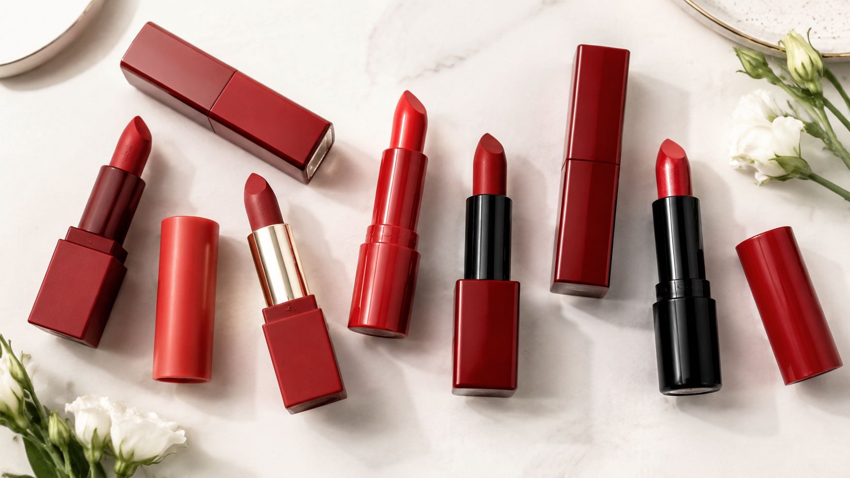 Several tubes of red lipstick displayed on a white marble surface with white flowers nearby.