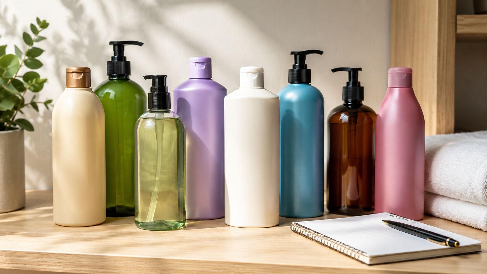 A row of colorful cosmetic bottles on a wooden desk with a notebook and a pen.