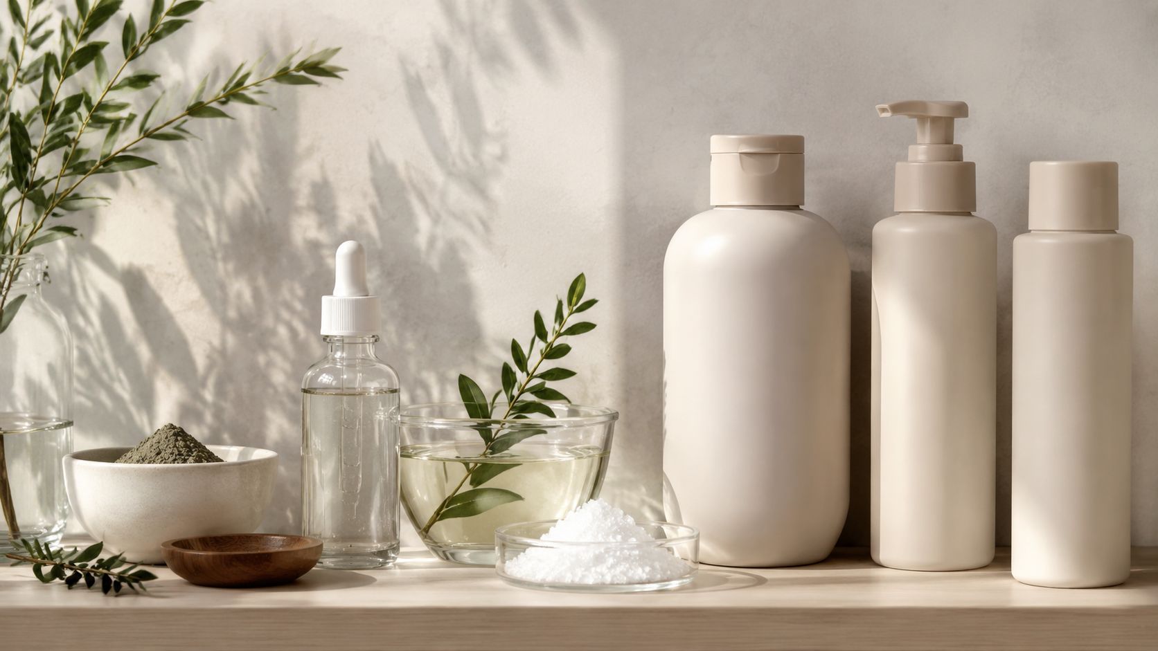 A collection of organic skincare products and natural ingredients arranged elegantly on a wooden surface.