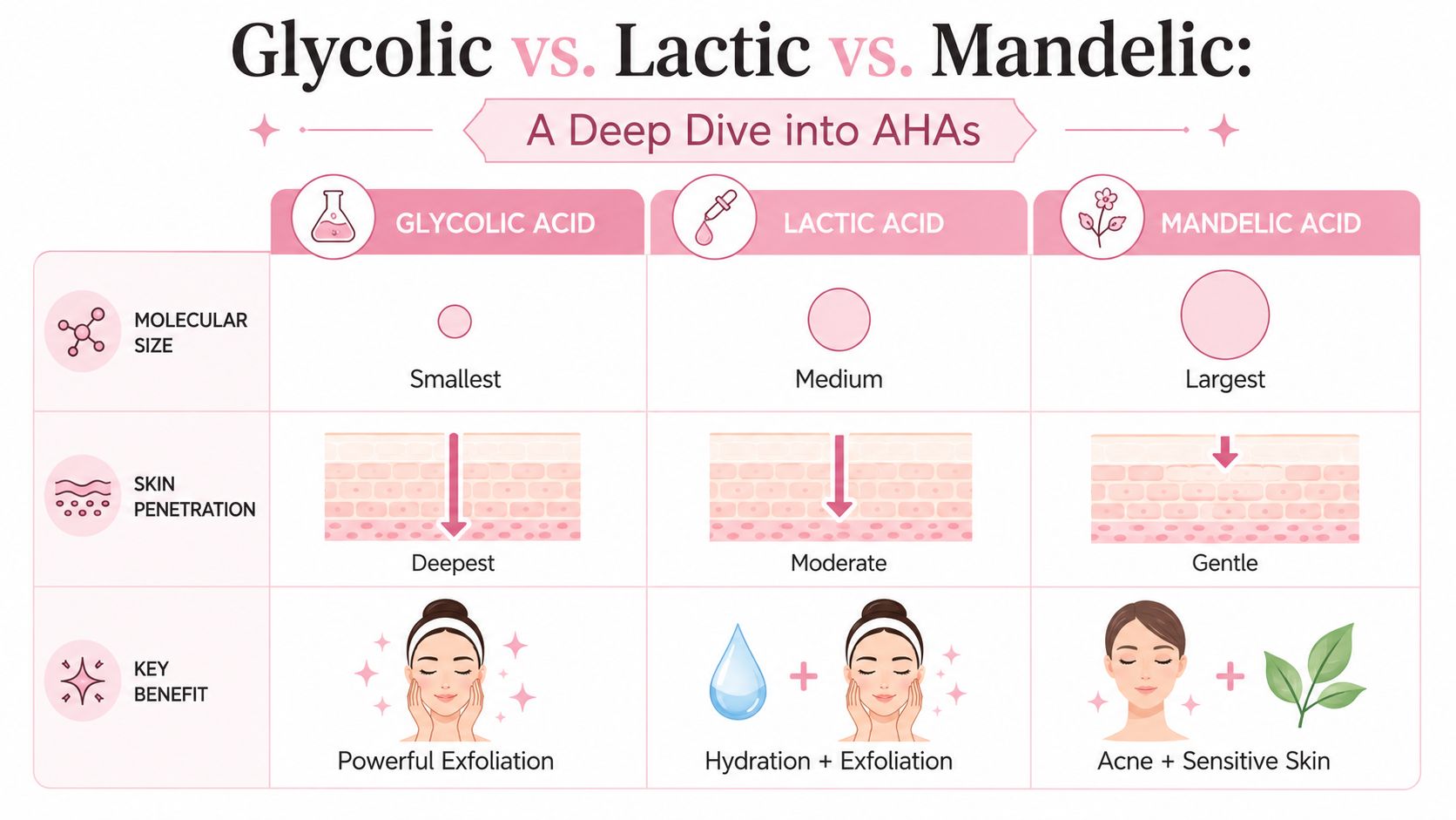 A comparison chart showing molecular size, penetration depth, and benefits of glycolic, lactic, and mandelic AHAs.