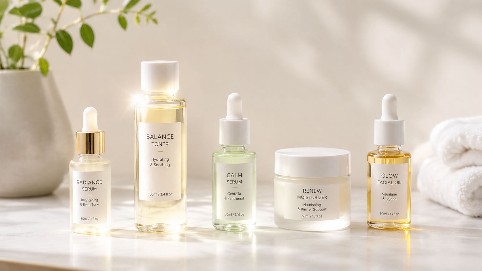 A set of skincare products including toners, serums, and a moisturizer arranged neatly on a marble surface.