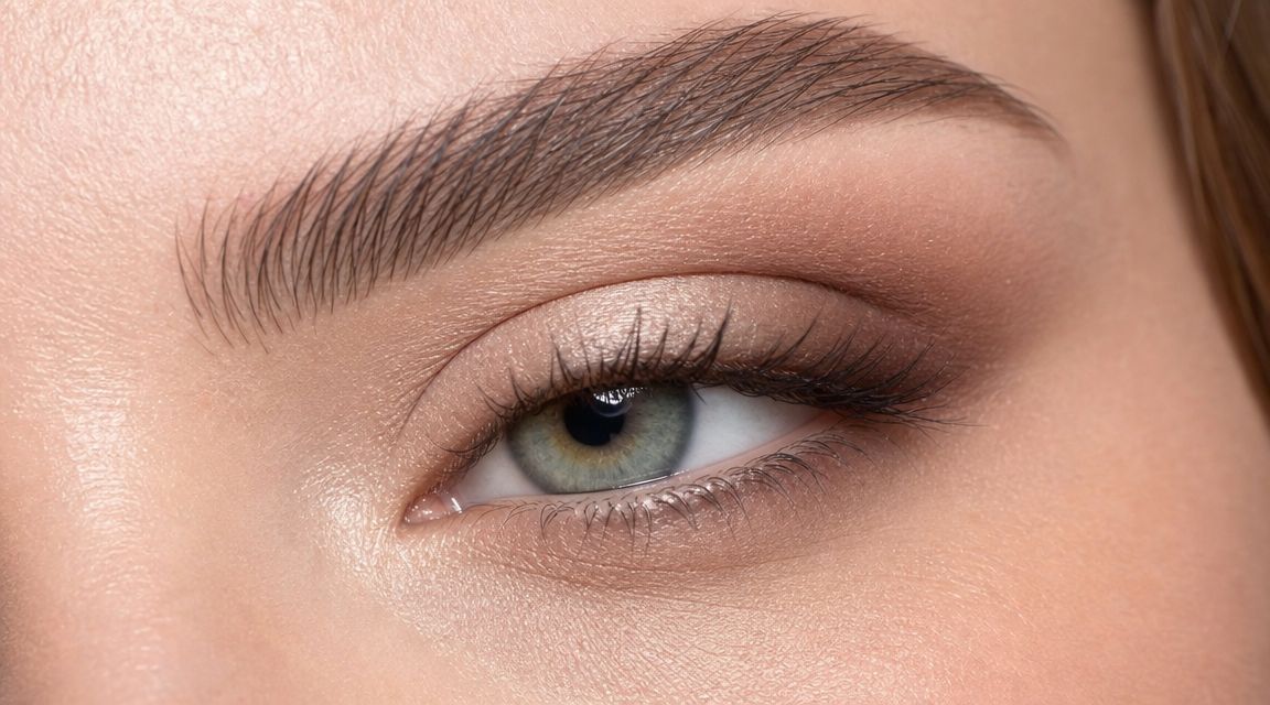 Close-up of a female eye with natural-toned eyeshadow and perfectly groomed eyebrows for a flawless makeup look.