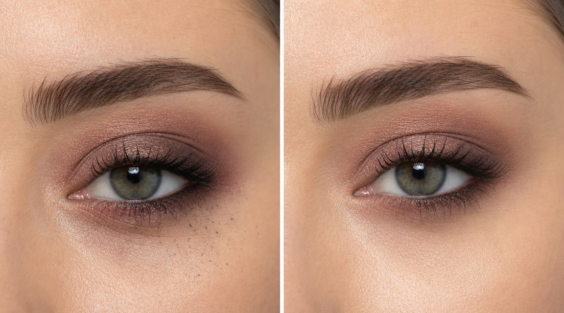 A split screen comparing messy eyeshadow fallout on the left with a clean, perfectly applied makeup look.