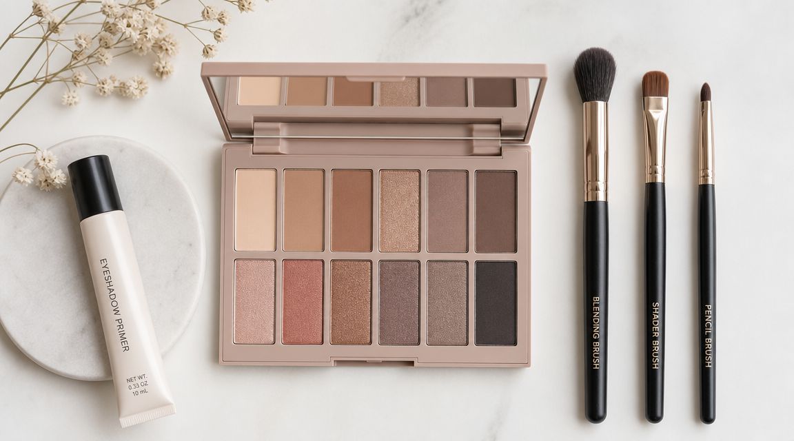 A neutral eyeshadow palette with brushes and primer arranged on a white marble surface for makeup application.