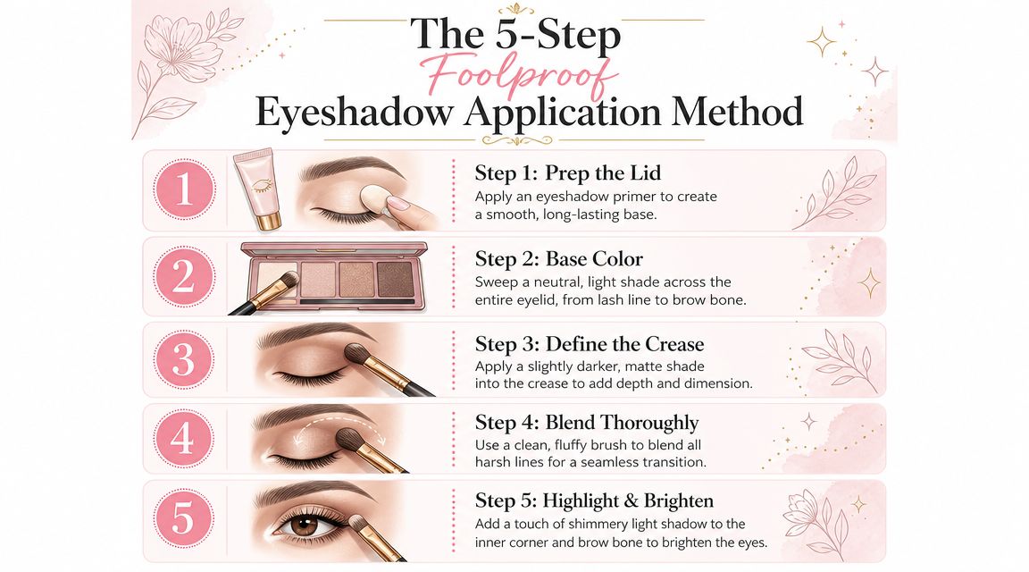 An infographic detailing five simple steps for applying eyeshadow for beginners, including preparation and blending techniques.
