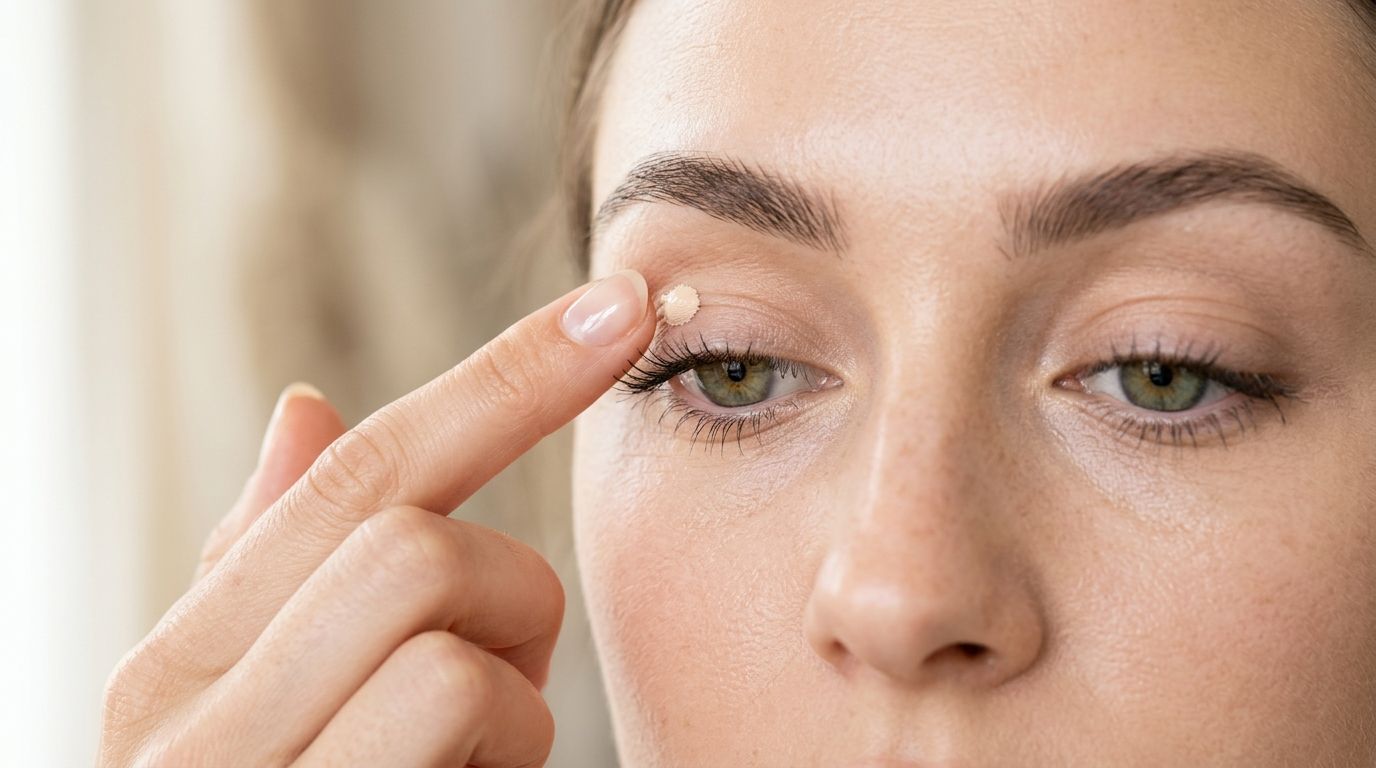 A close-up view of a woman applying a small dot of eye primer to her eyelid with her finger.