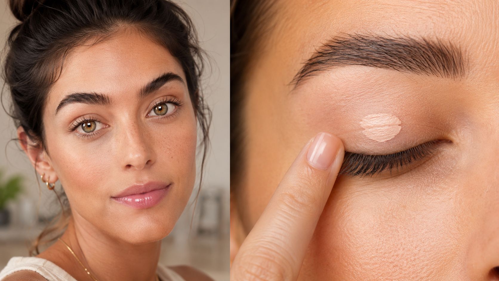 A split-screen image showing a woman applying eyeshadow primer to her eyelid with her finger.