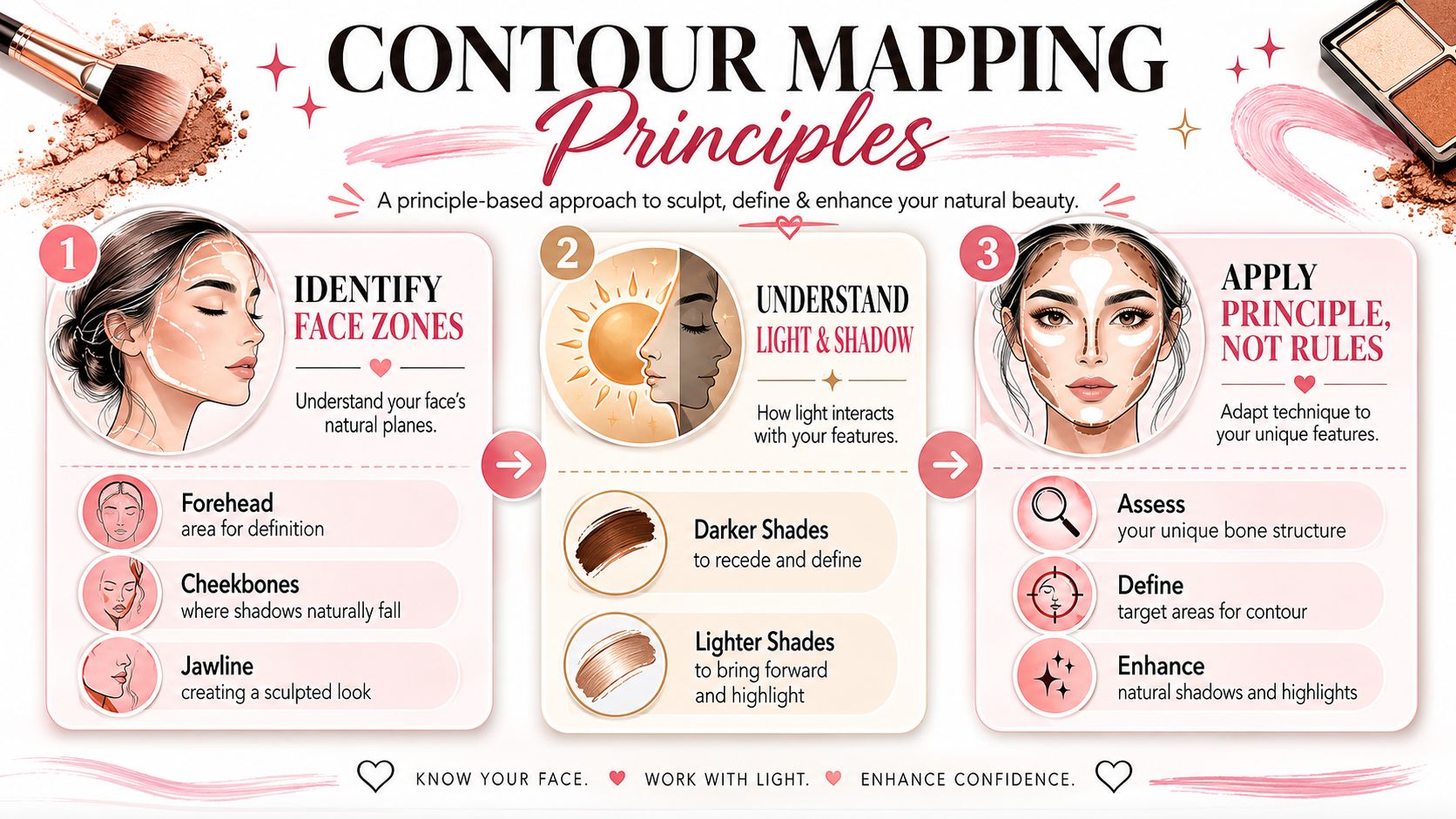 An educational infographic explaining the three core principles of contour mapping to define and highlight facial features.