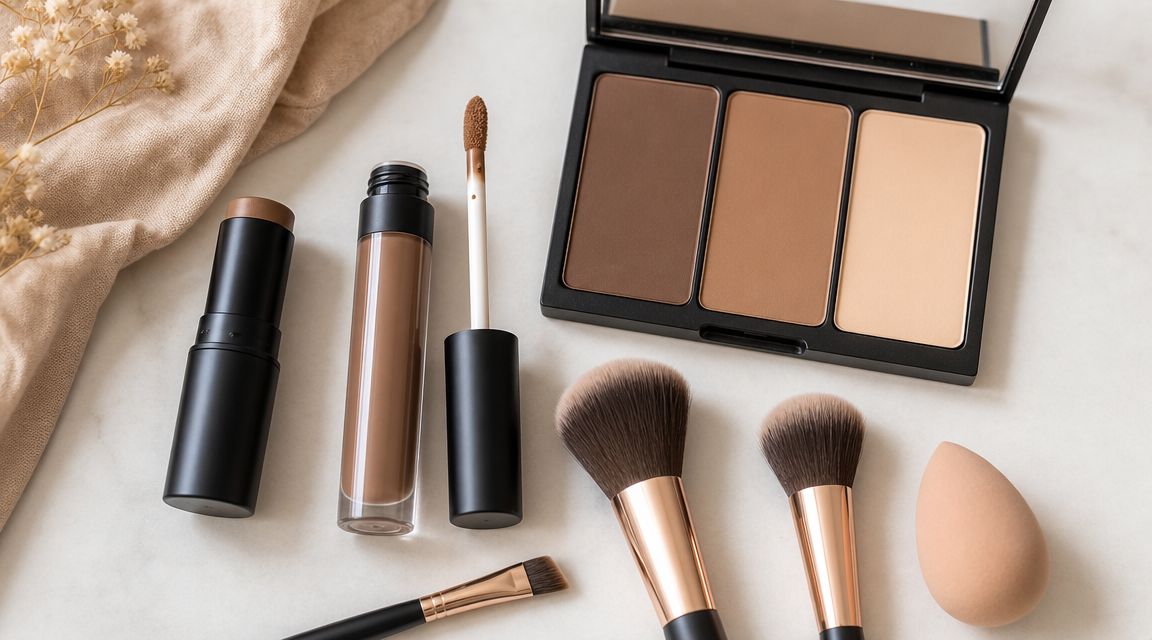 A professional makeup collection featuring contour palettes, liquid concealer, brushes, and a blending sponge on a marble surface.