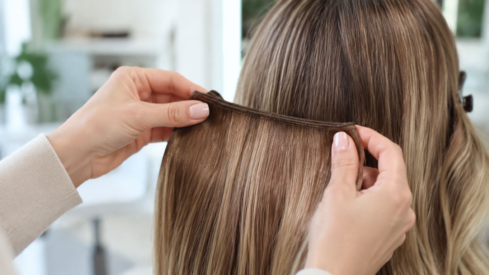 A stylist holding a piece of blonde hair extensions near the back of a woman's head.