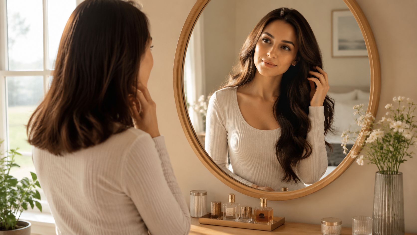 A woman with long wavy hair looking at her reflection in a round wooden mirror