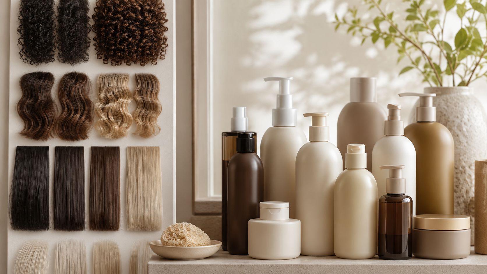 A collection of hair care bottles and product samples next to various hair extensions and color swatches.
