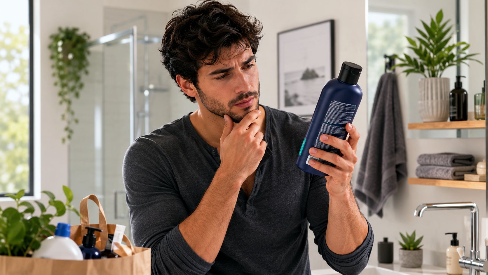 A man wearing a grey long-sleeved shirt standing in a bathroom and reading a shampoo bottle label.