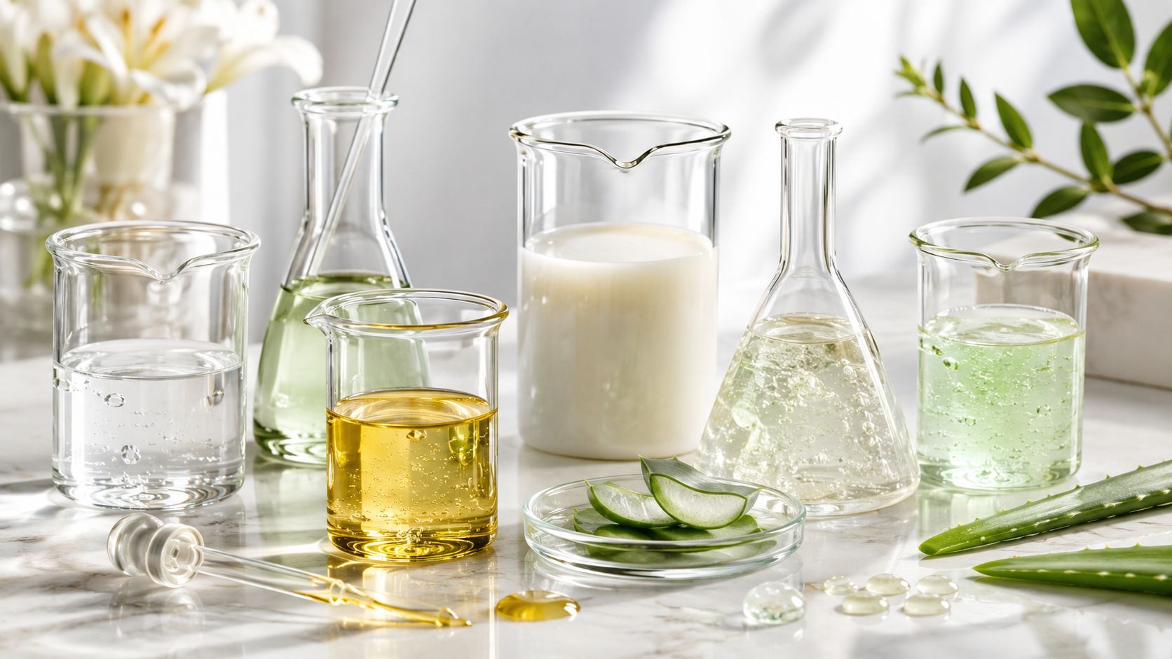 A laboratory setting with various glass beakers and flasks containing liquid ingredients and fresh aloe vera slices.