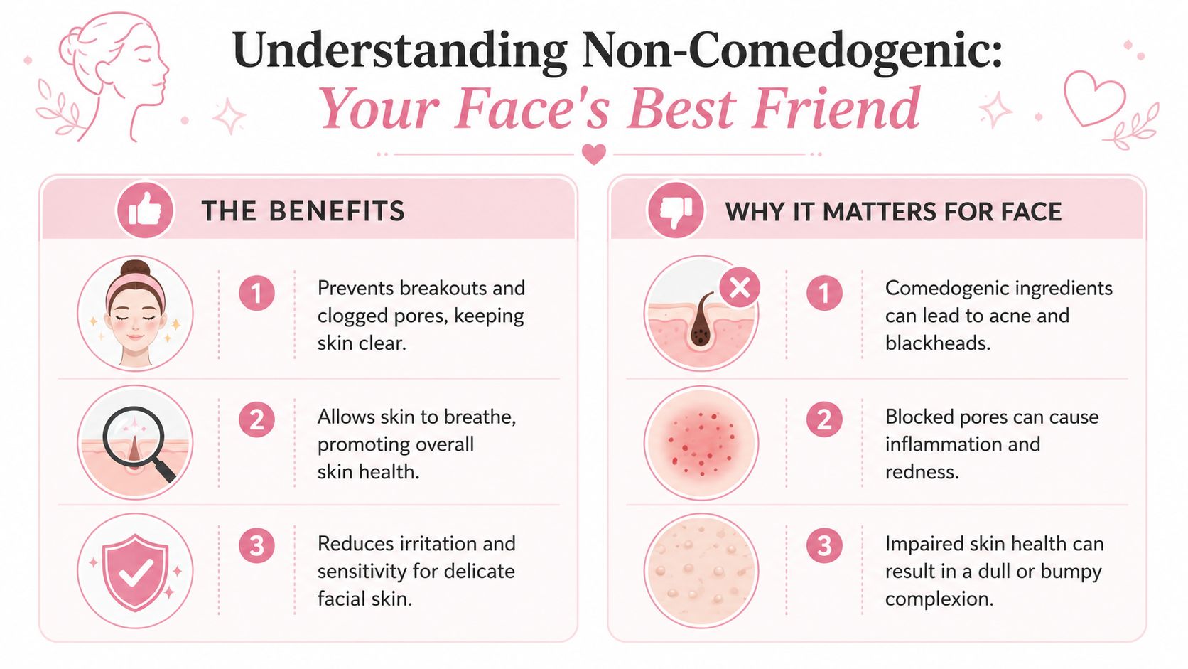 An infographic titled Understanding Non-Comedogenic, detailing the skin benefits of using non-comedogenic products versus the downsides of comedogenic ingredients.