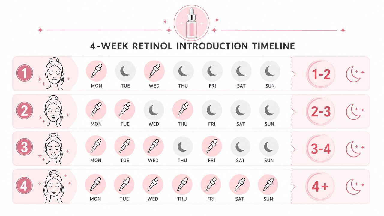 A 4-week retinol introduction schedule illustrating how to gradually increase application frequency throughout the week.