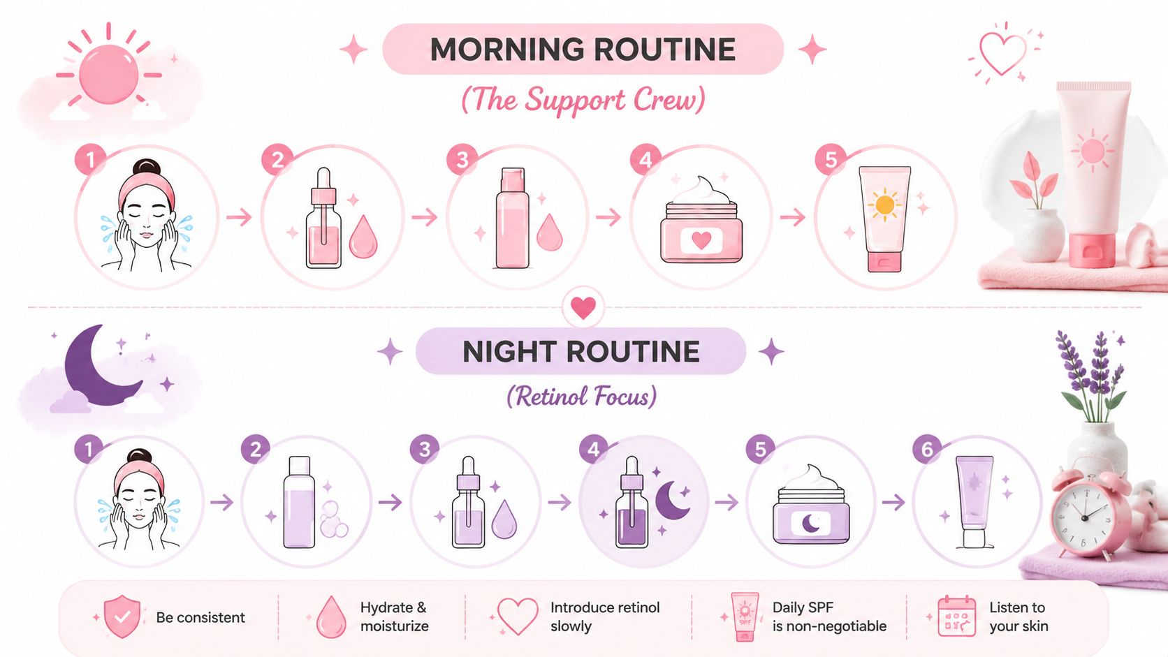 An infographic showing a daily skincare routine with steps for morning and night, featuring icons and instructions.