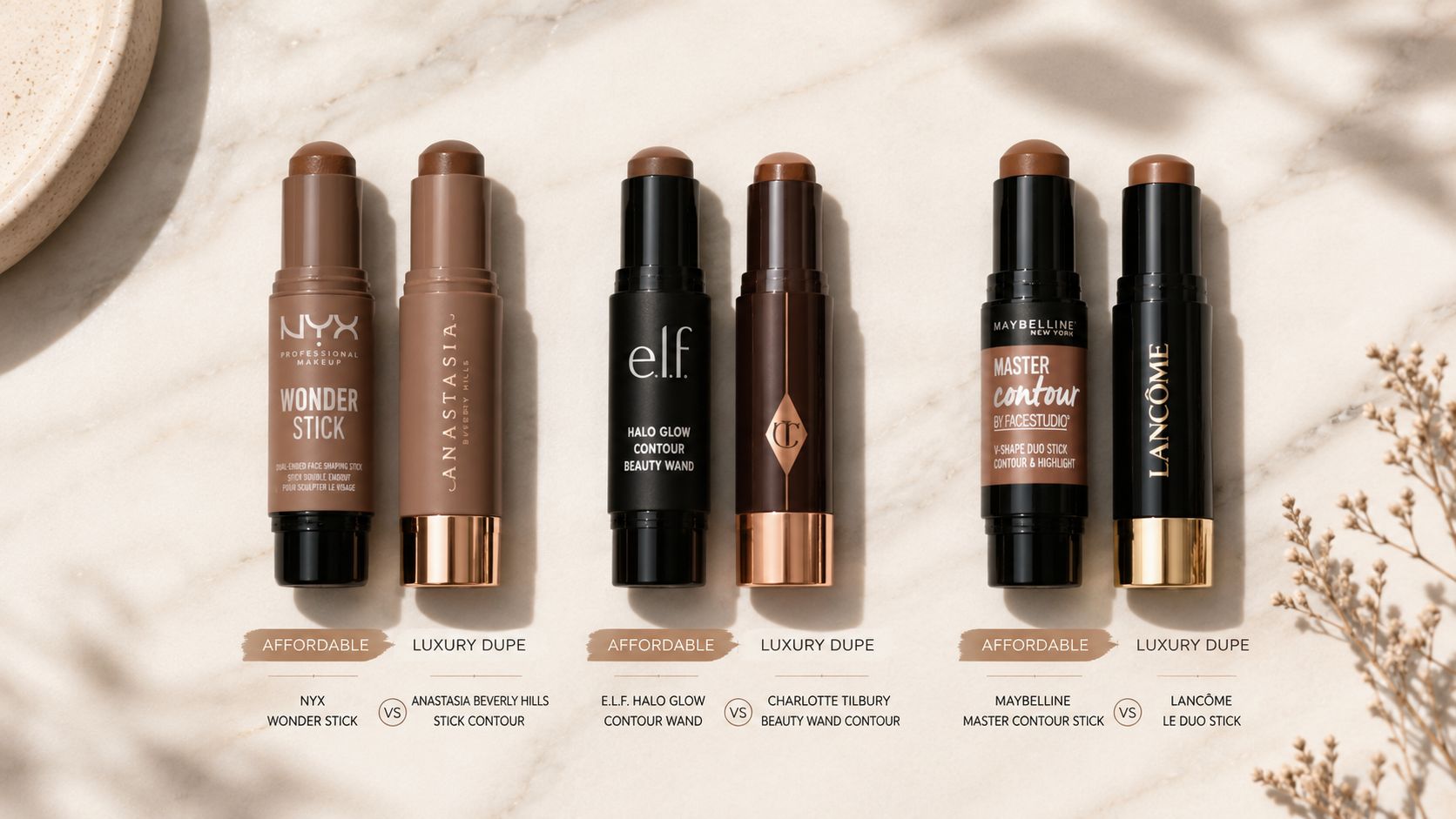 A side-by-side comparison of three pairs of affordable and luxury contour sticks on a marble background.