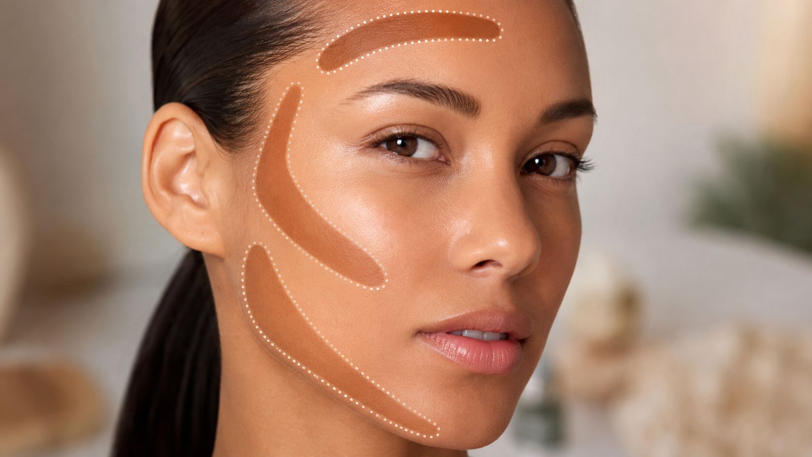 A close-up shot of a model demonstrating facial contouring techniques with brown makeup lines on her face.