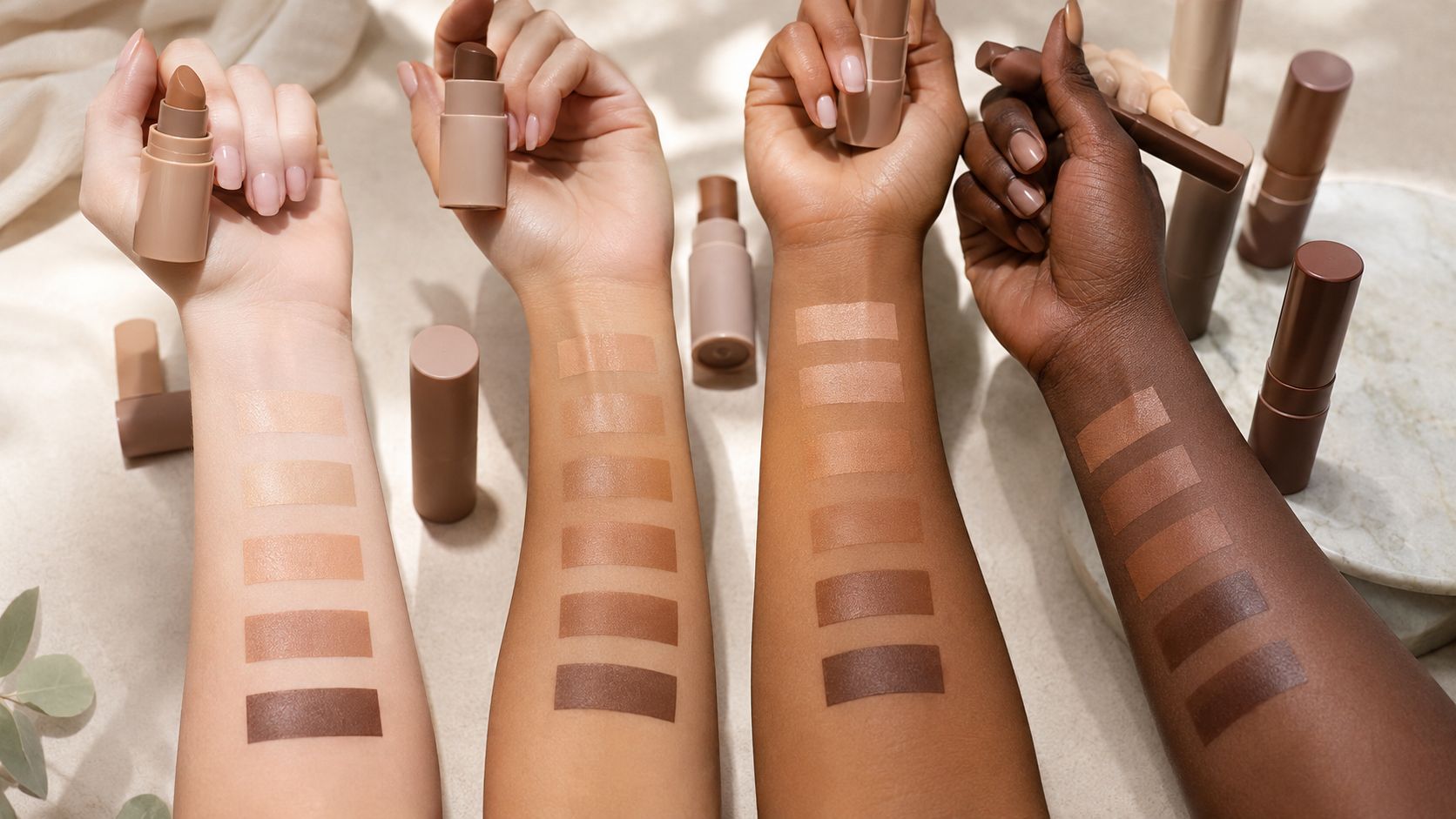 Four different skin-toned arms displaying various shades of makeup contour sticks on a neutral background.