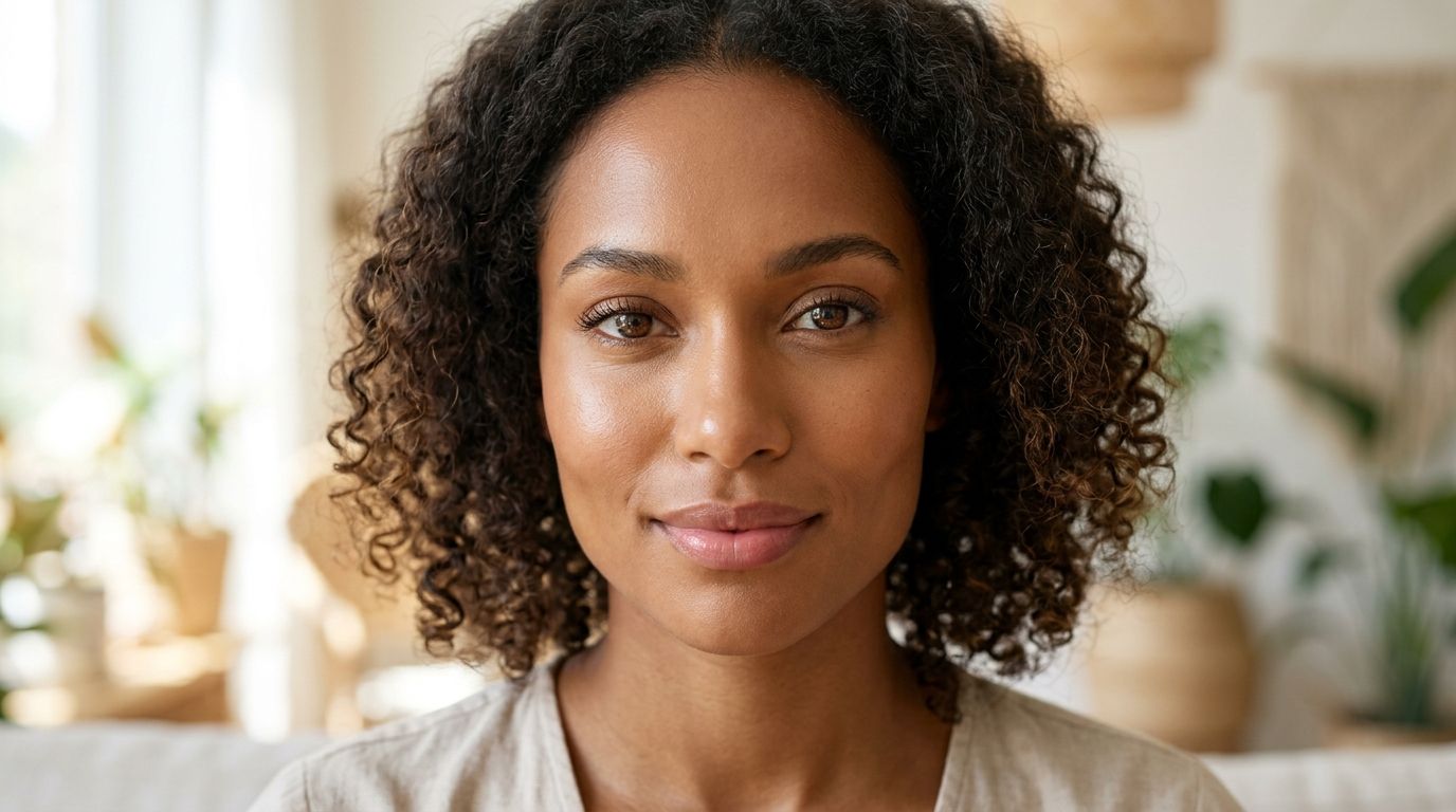 A close-up portrait of a woman with curly hair and glowing skin looking directly at the camera.