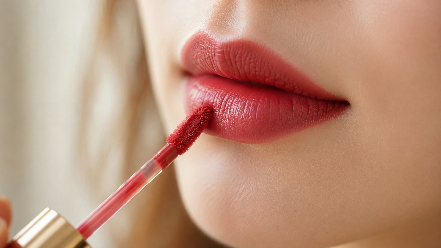 A close up view of a person applying vibrant red liquid lipstick using an applicator brush.