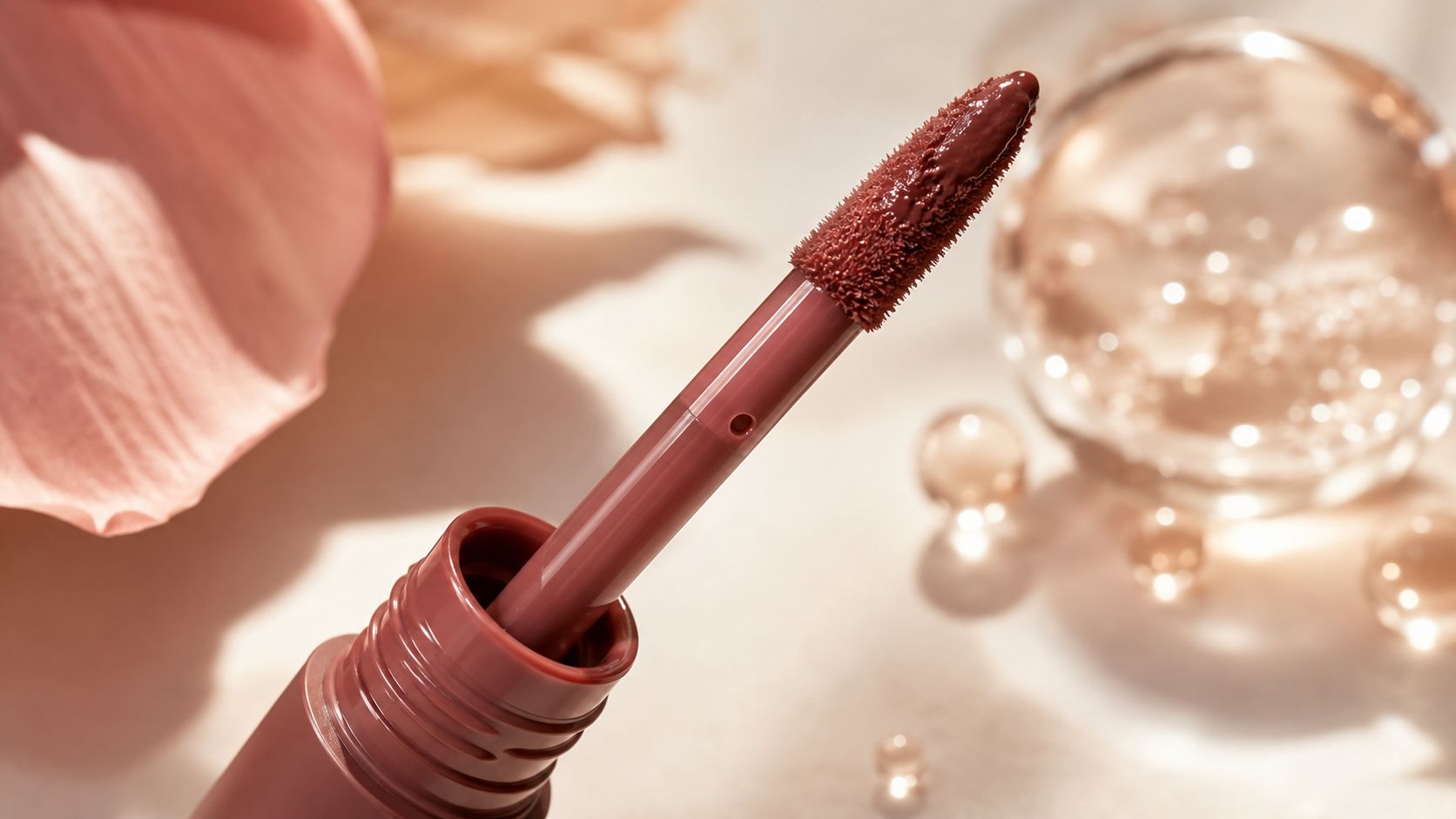 A close-up of an affordable liquid lipstick wand with product on the applicator, set against floral decor.