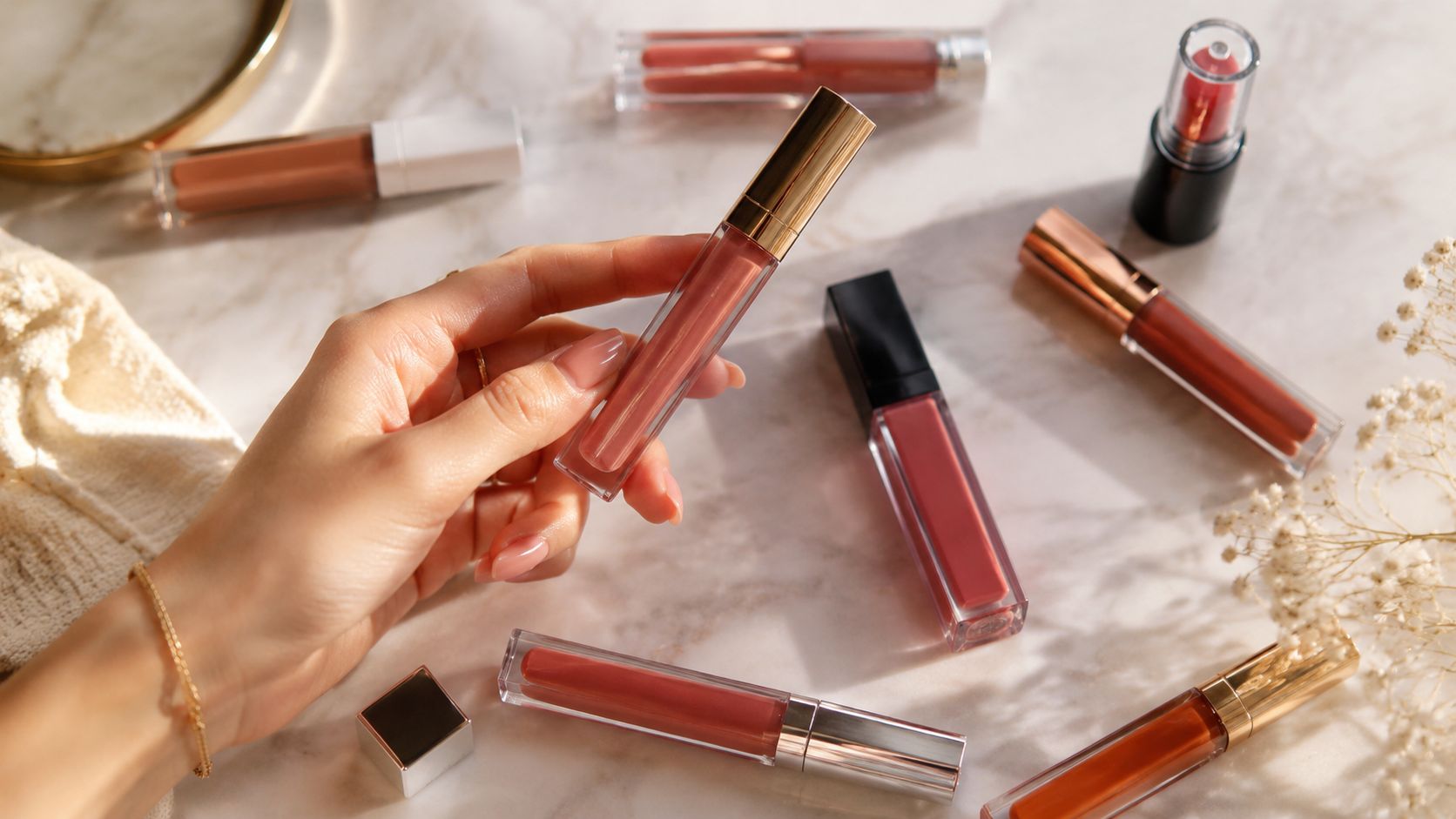 A hand holds a tube of pink liquid lipstick surrounded by various makeup products on a marble surface.